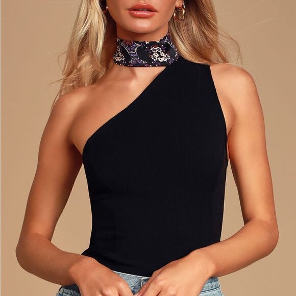 Free People Tops - Free People Caroline Black Mock Neck One-Shoulder Top
